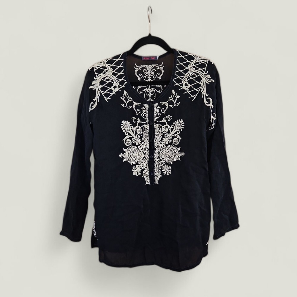 Johnny Was Navy Blouse with Cream Embroidery